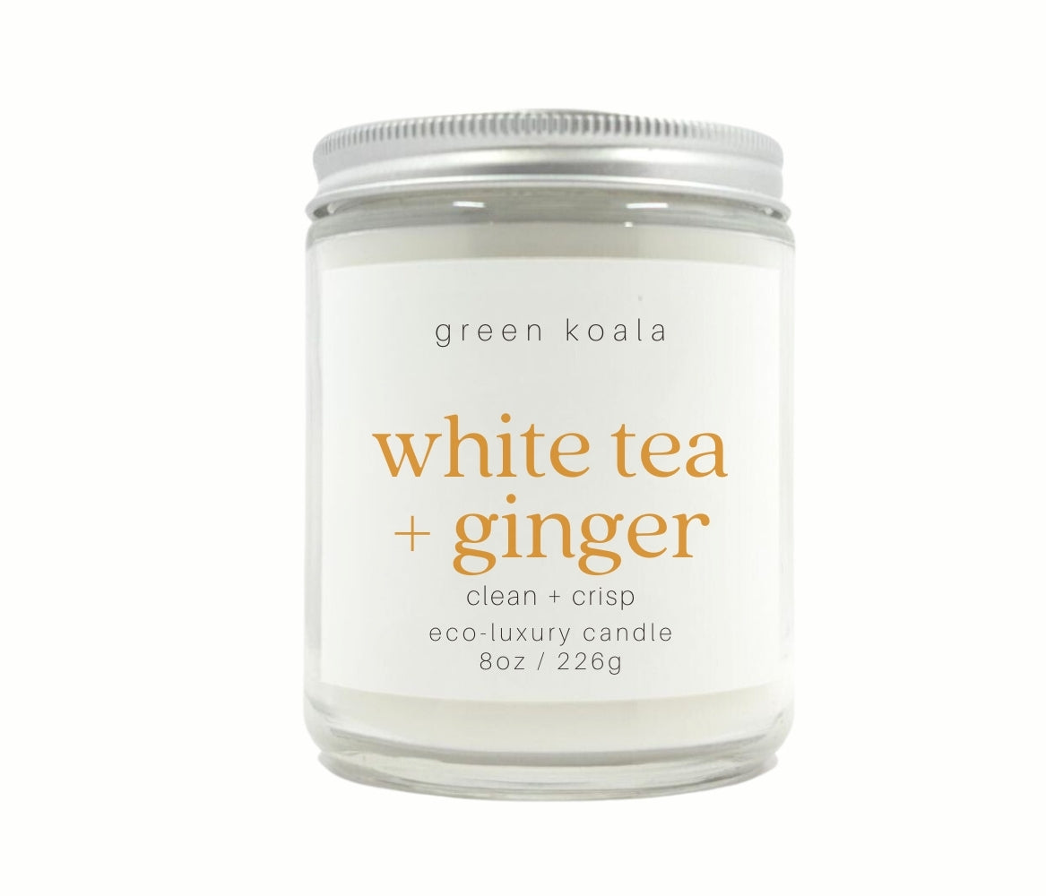 8oz White Tea &amp; Ginger scented eco-friendly candle with silver lid for a clean burn. 
