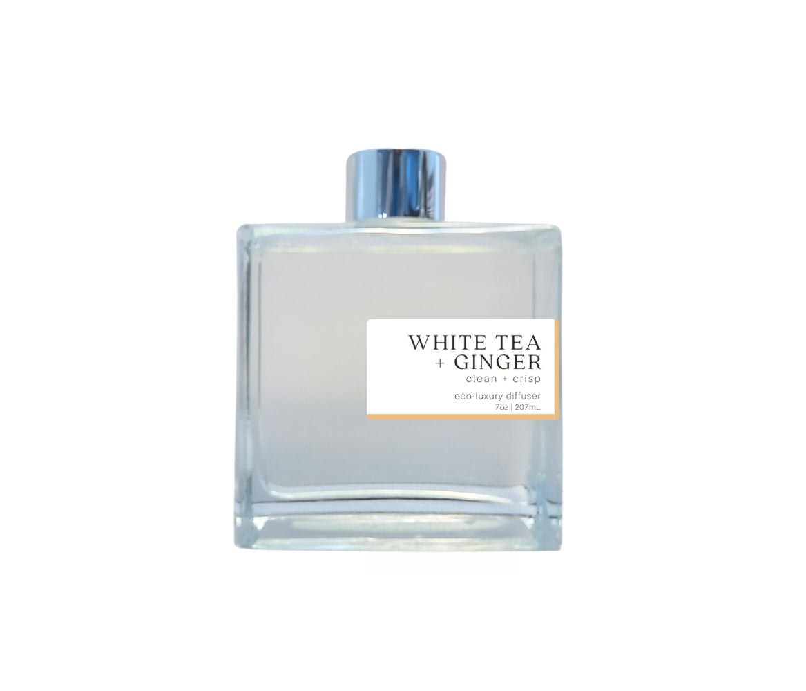 White Tea + Ginger 7oz non-toxic scented reed diffuser in glass jar.