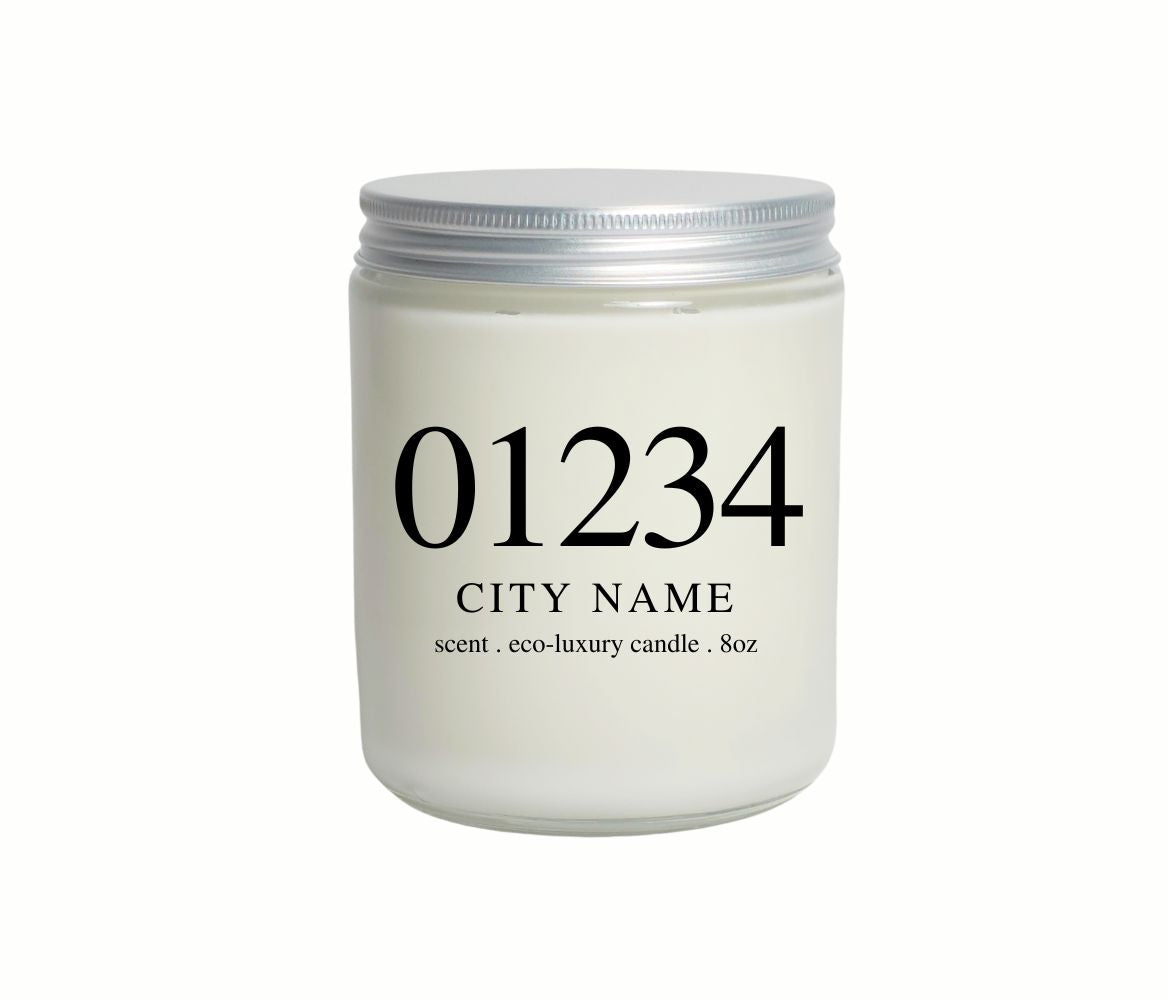 8oz Custom Zip Code Non-Toxic Candle in Glass Jar