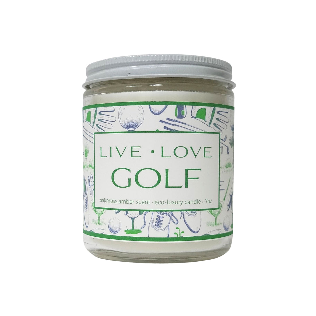 Live Love Golf 7oz Coconut Wax Candle made with coconut wax and scented with Oakmoss &amp; Amber non-toxic fragance. 