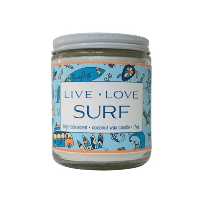 LIVE LOVE SURF 7oz Candle made with coconut wax and scented with high tide fragrance