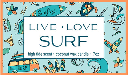 LIVE LOVE SURF 7oz candle label design with all things surfing related