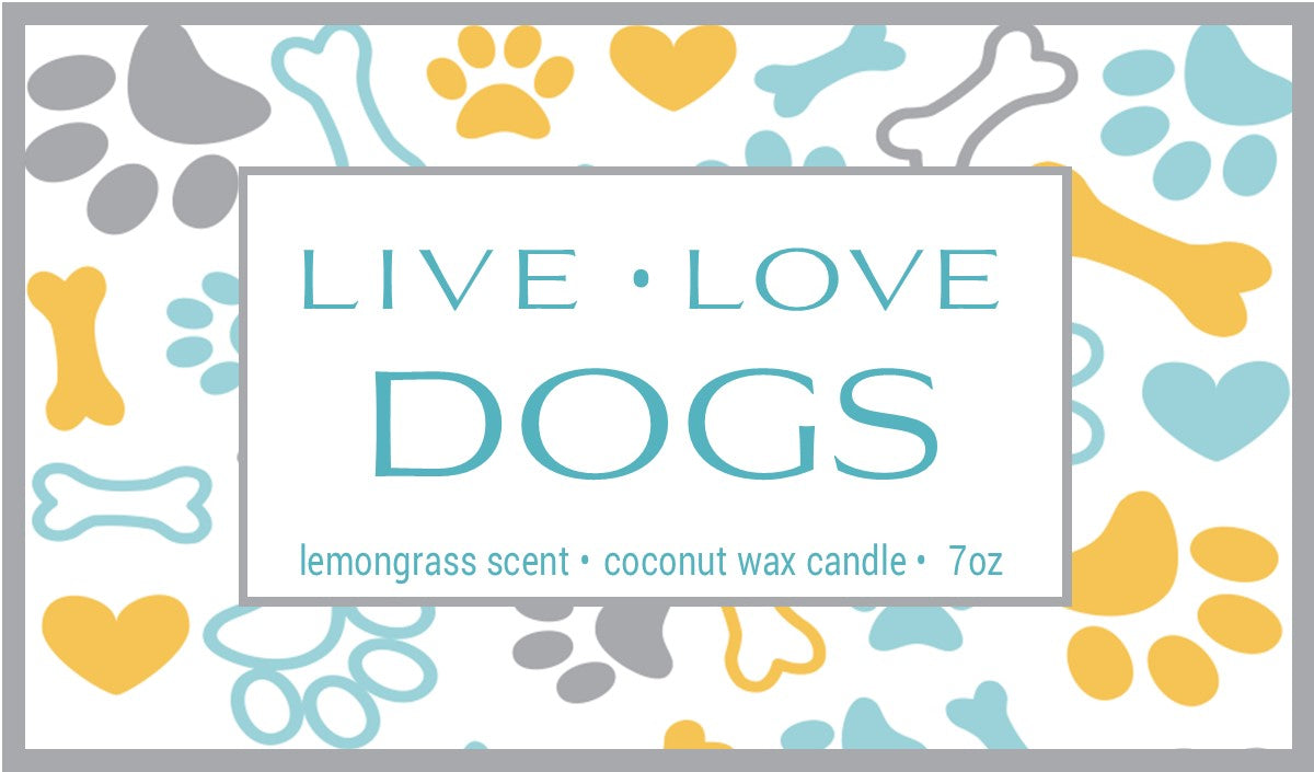 LIVE LOVE DOGS 7oz candle label design with bones and paw prints