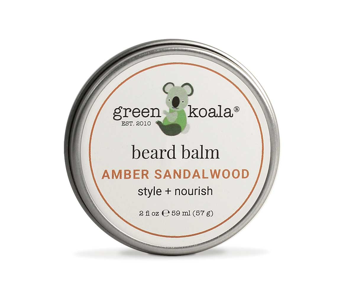 Green Koala Amber Sandalwood Organic Beard Balm for Men in a 2oz tin. 