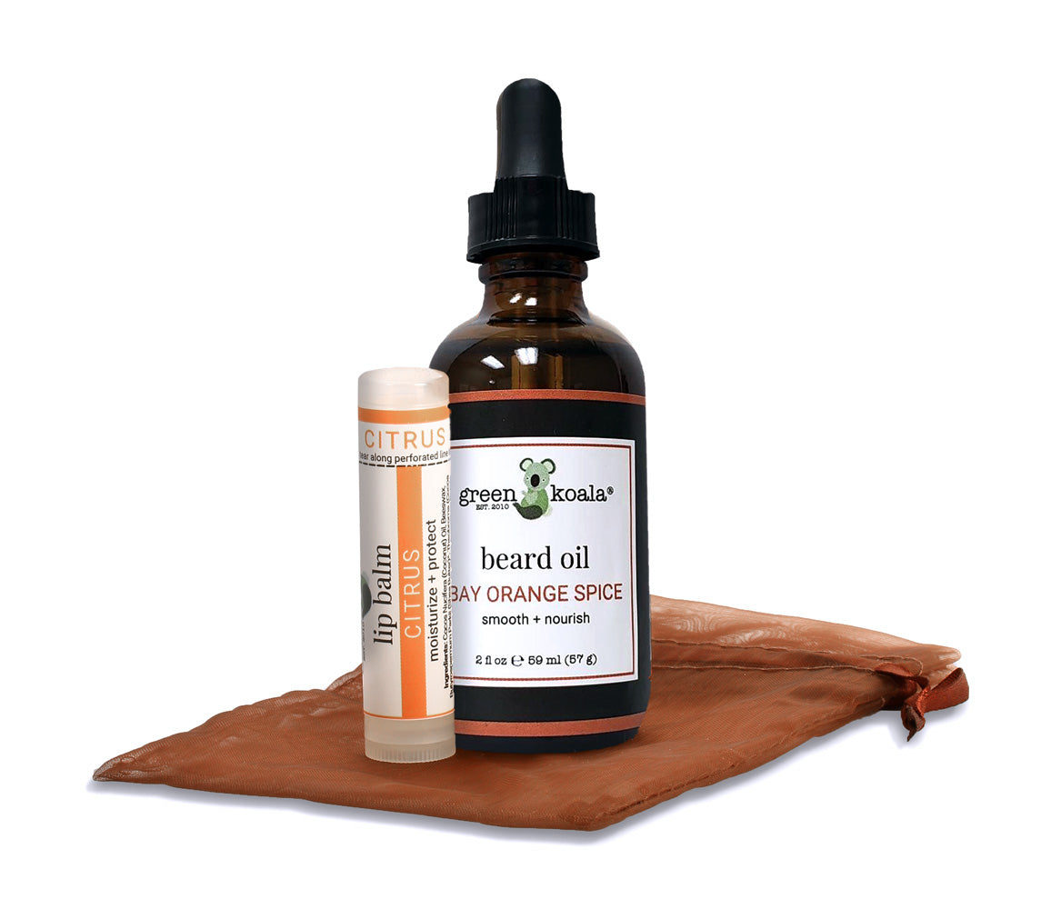 Green Koala Organic Bay Orange Spice Beard &amp; Lip Care Gift Set with natural ingredients, offering a refreshing, warm scent.