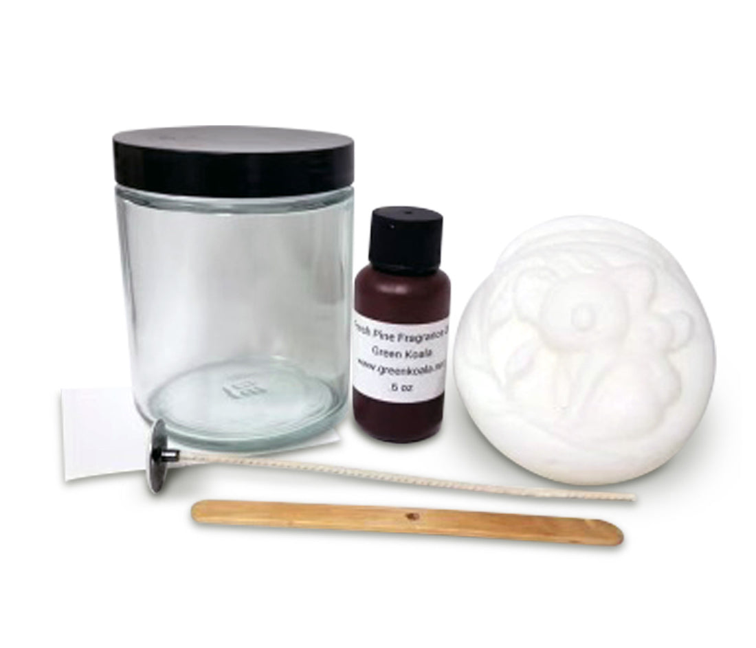 DIY Eco-Luxury candle making kit with 9 oz jar, eco-luxury wax, cotton wick,  high-quality scent, and labels. 